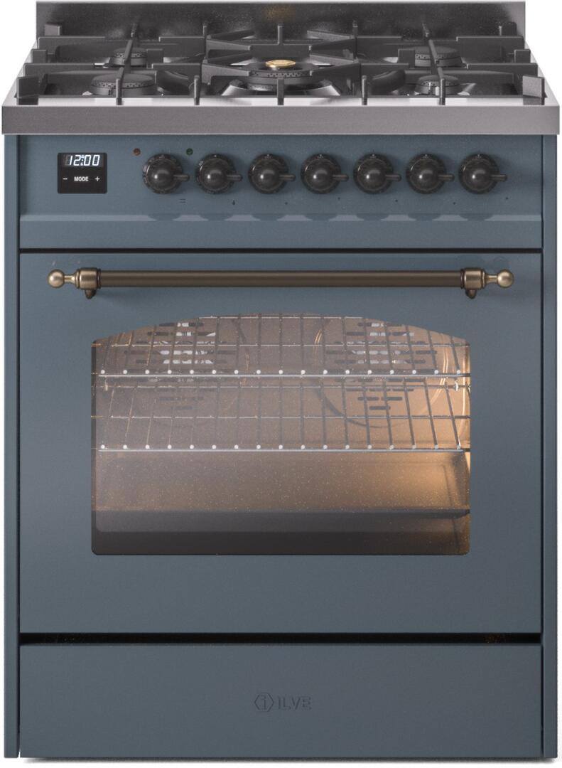 Ilve UP30NMPBGBLP Nostalgie Ii 30 Inch Dual Fuel Liquid Propane Freestanding Range In Blue Grey With Bronze Trim