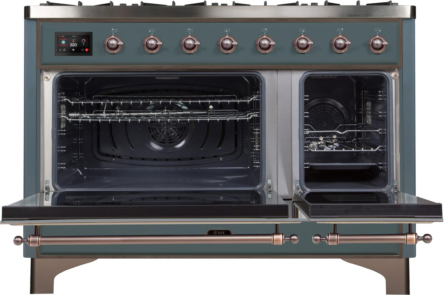 Ilve UM12FDNS3BGBLP Majestic Ii 48 Inch Dual Fuel Liquid Propane Freestanding Range In Blue Grey With Bronze Trim