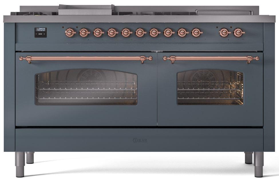 Ilve UP60FSNMPBGP Nostalgie Ii 60 Inch Dual Fuel Natural Gas Freestanding Range In Blue Grey With Copper Trim