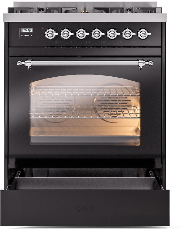 Ilve UP30NMPBKC Nostalgie Ii 30 Inch Dual Fuel Natural Gas Freestanding Range In Glossy Black With Chrome Trim