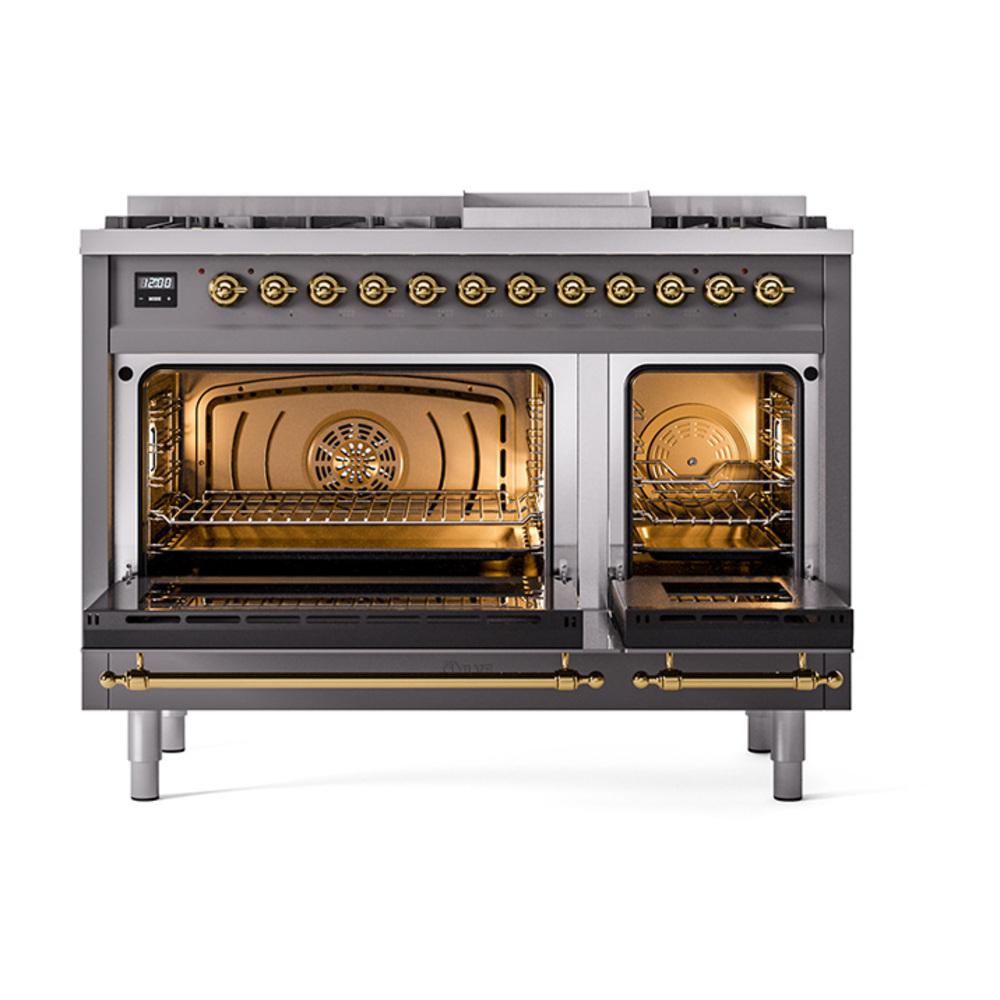 Ilve UN48FNMPMGG Ilve Un48Fnmpmgg Nostalgie Ii Noblesse 48" Dual Fuel Range (8 Sealed Burners + Griddle, Natural Gas, Triple Glass Door, Graphite Matte, Brass)