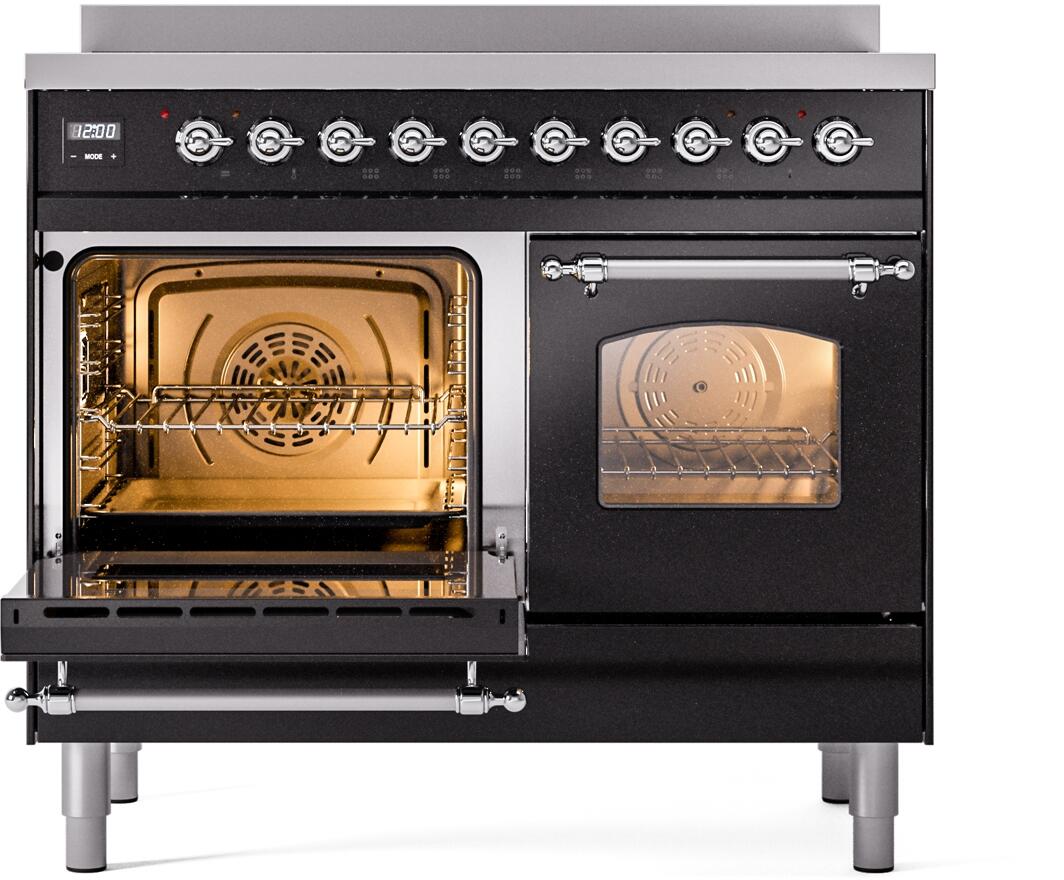 Ilve UPDI406NMPBKC Nostalgie Ii 40 Inch Electric Freestanding Range In Glossy Black With Chrome Trim