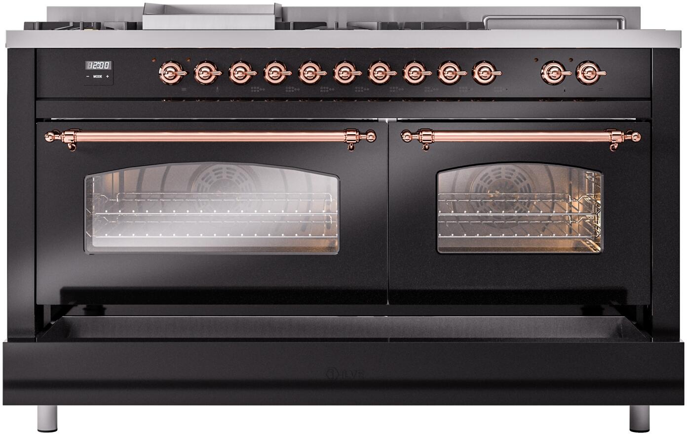 Ilve UP60FSNMPBKPLP Nostalgie Ii 60 Inch Dual Fuel Liquid Propane Freestanding Range In Glossy Black With Copper Trim