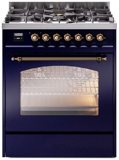 Ilve UP30NMPMBB Nostalgie Ii 30 Inch Dual Fuel Natural Gas Freestanding Range In Blue With Bronze Trim