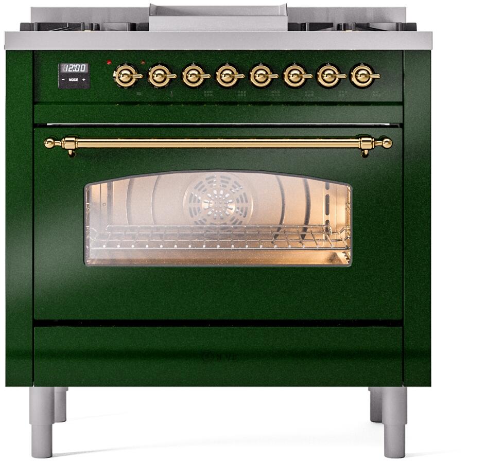 Ilve UP36FNMPEGG Nostalgie Ii 36 Inch Dual Fuel Natural Gas Freestanding Range In Emerald Green With Brass Trim