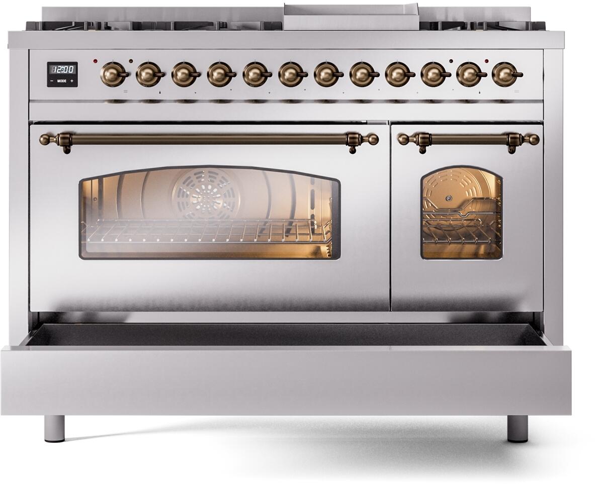 Ilve UP48FNMPSSBLP Nostalgie Ii 48 Inch Dual Fuel Liquid Propane Freestanding Range In Stainless Steel With Bronze Trim