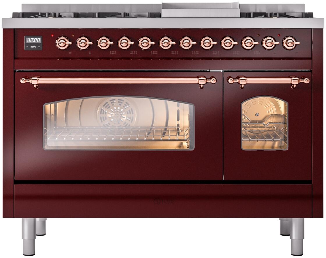 Ilve UP48FNMPBUP Nostalgie Ii 48 Inch Dual Fuel Natural Gas Freestanding Range In Burgundy With Copper Trim