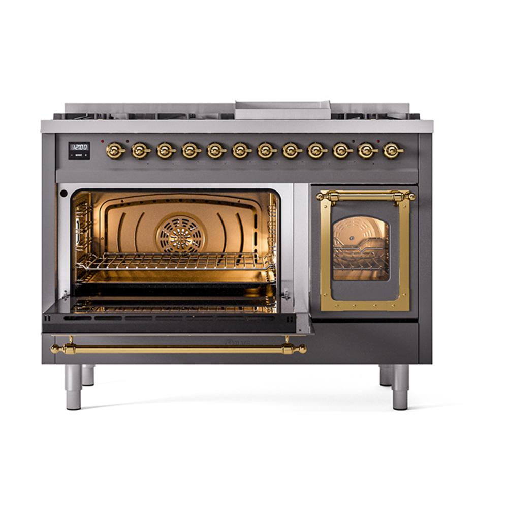 Ilve UN48FNMPMGG Ilve Un48Fnmpmgg Nostalgie Ii Noblesse 48" Dual Fuel Range (8 Sealed Burners + Griddle, Natural Gas, Triple Glass Door, Graphite Matte, Brass)