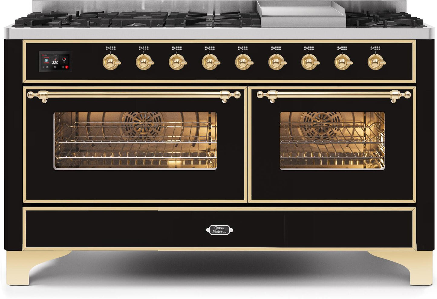 Ilve UM15FDNS3BKGLP Majestic Ii 60 Inch Dual Fuel Liquid Propane Freestanding Range In Glossy Black With Brass Trim