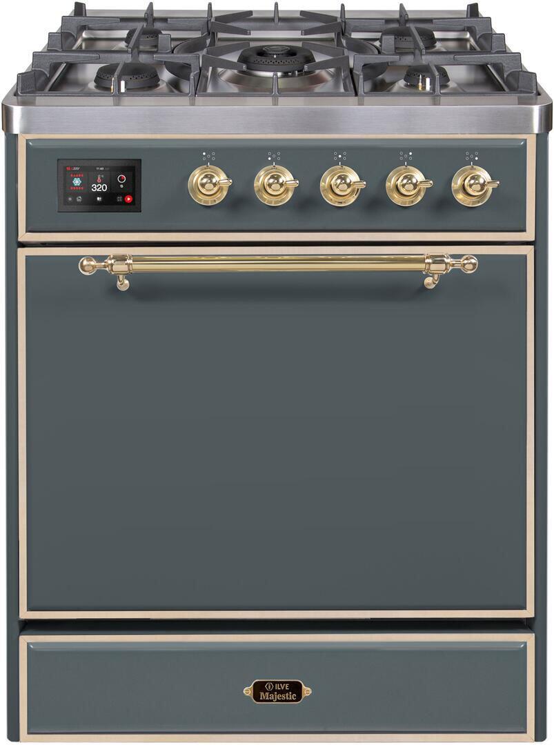 Ilve UM30DQNE3BGGLP Majestic Ii 30 Inch Dual Fuel Liquid Propane Freestanding Range In Blue Grey With Brass Trim