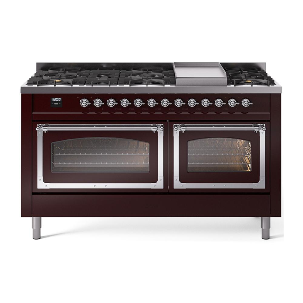 Ilve UN60FNMPBUC Ilve Un60Fnmpbuc Nostalgie Ii Noblesse 60" Dual Fuel Range (9 Sealed Burners + Griddle, Natural Gas, Triple Glass Door, Burgundy, Chrome)