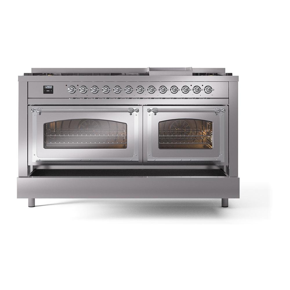 Ilve UN60FNMPSSC Ilve Un60Fnmpssc Nostalgie Ii Noblesse 60" Dual Fuel Range (9 Sealed Burners + Griddle, Natural Gas, Triple Glass Door, Stainless Steel, Chrome)