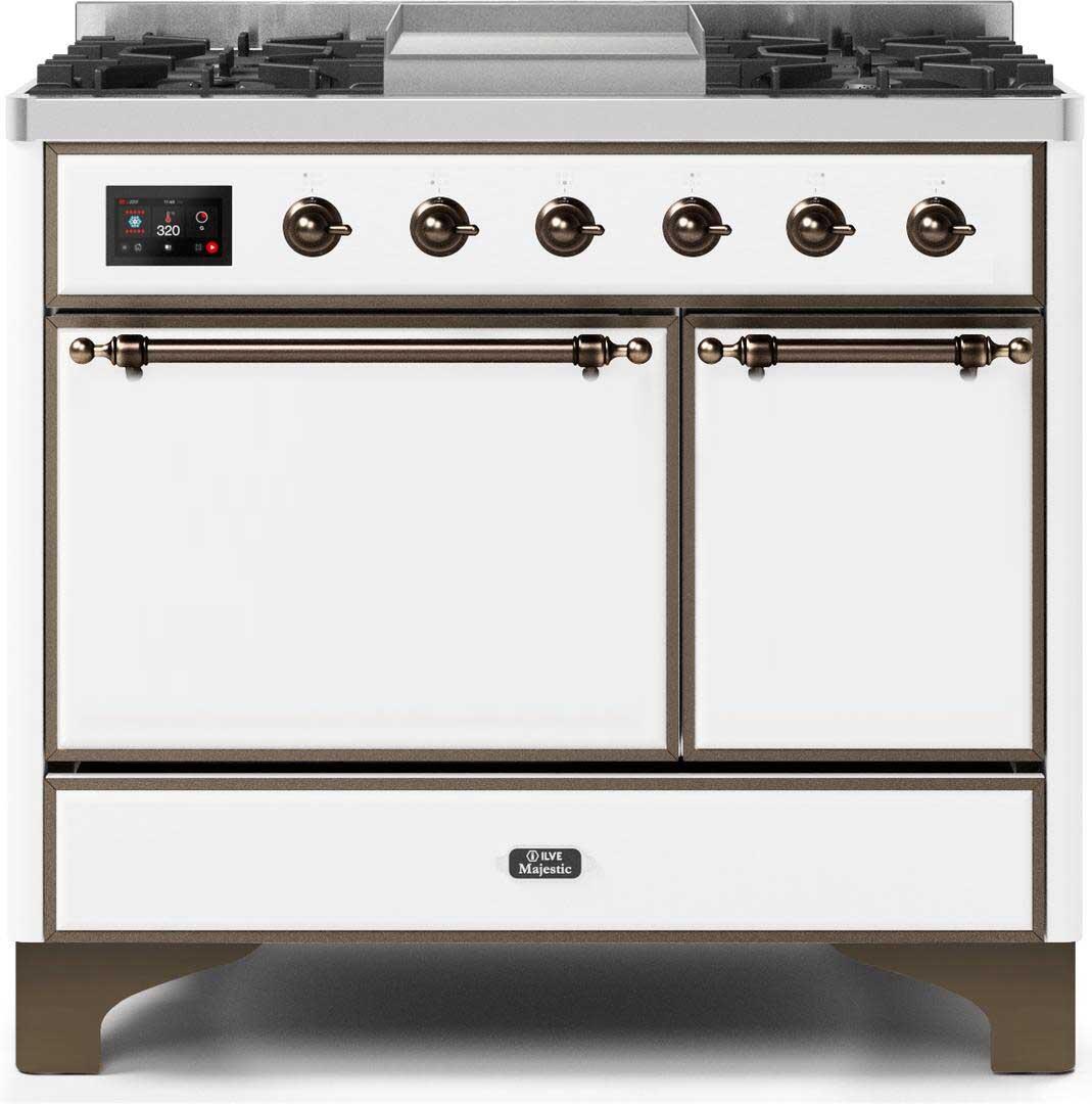 Ilve UMD10FDQNS3WHBLP Majestic Ii 40 Inch Dual Fuel Liquid Propane Freestanding Range In White With Bronze Trim