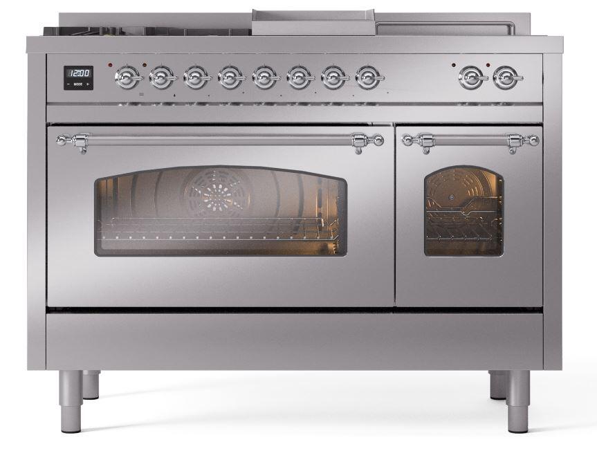 Ilve UP48FSNMPSSC Nostalgie Ii 48 Inch Dual Fuel Natural Gas Freestanding Range In Stainless Steel With Chrome Trim