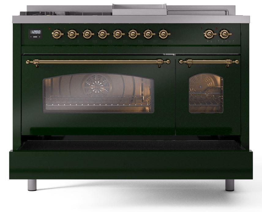 Ilve UP48FSNMPEGG Nostalgie Ii 48 Inch Dual Fuel Natural Gas Freestanding Range In Emerald Green With Brass Trim