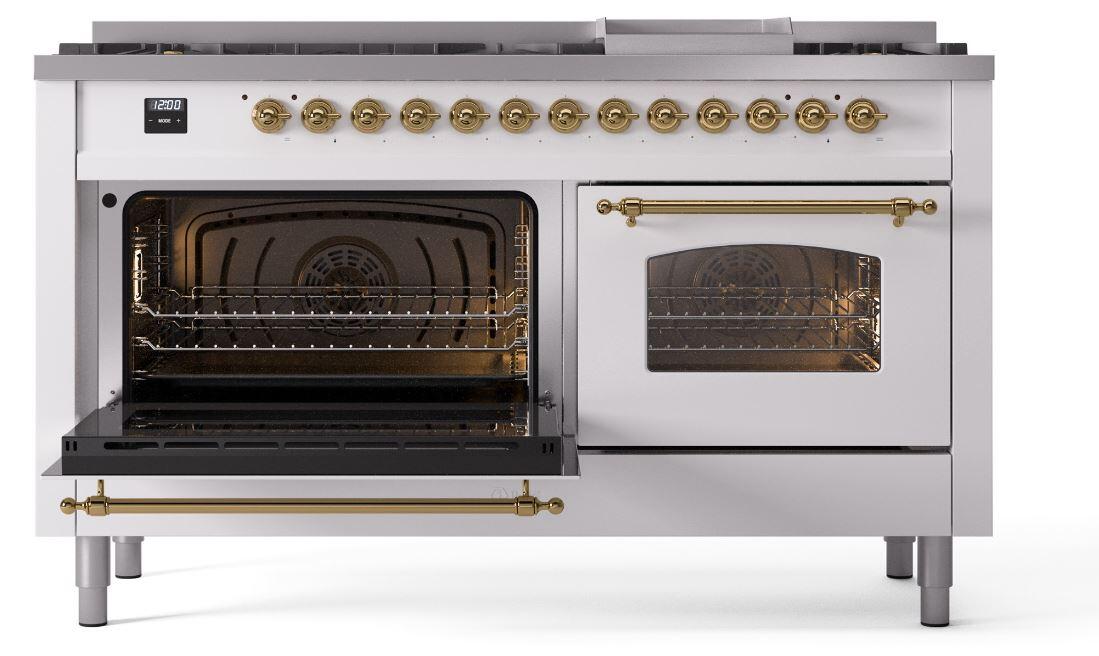 Ilve UP60FNMPWHG Nostalgie Ii 60 Inch Dual Fuel Natural Gas Freestanding Range In White With Brass Trim