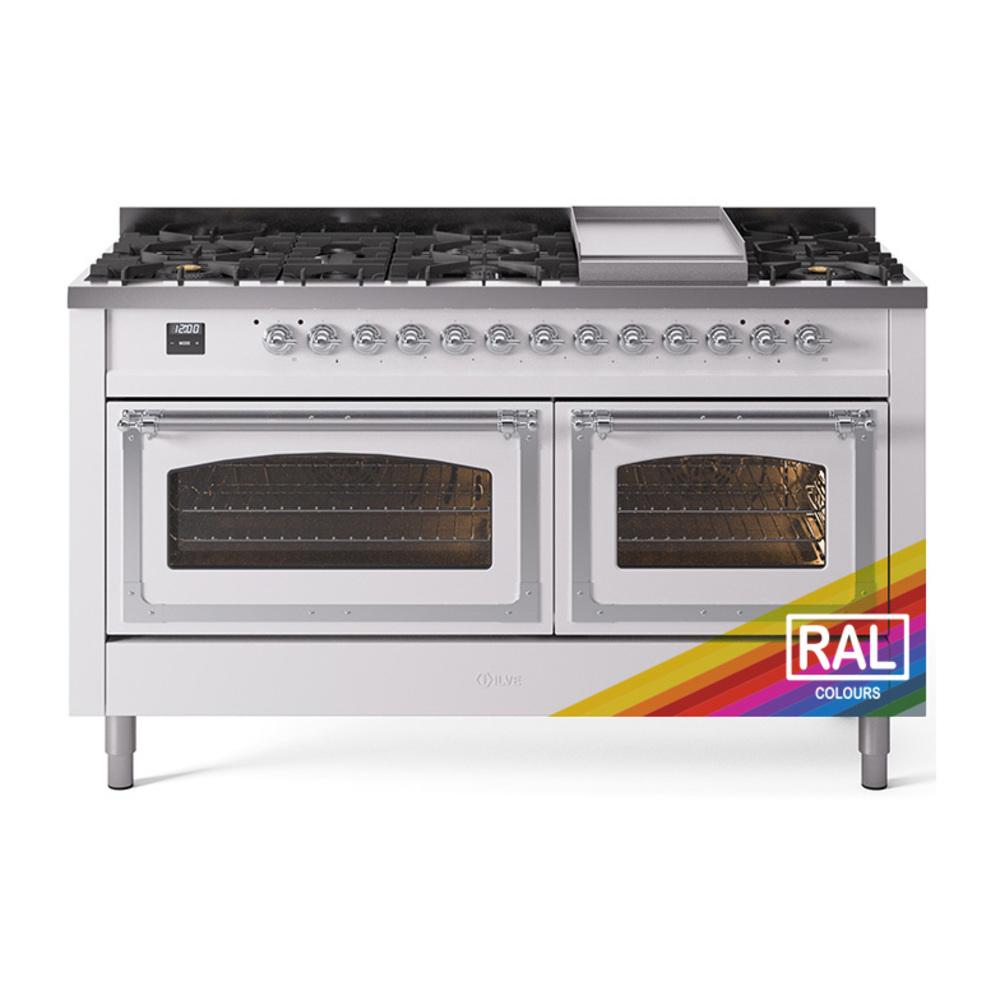 Ilve UN60FNMPRAC Ilve Un60Fnmprac Nostalgie Ii Noblesse 60" Dual Fuel Range (9 Sealed Burners + Griddle, Natural Gas, Triple Glass Door, Ral, Chrome)