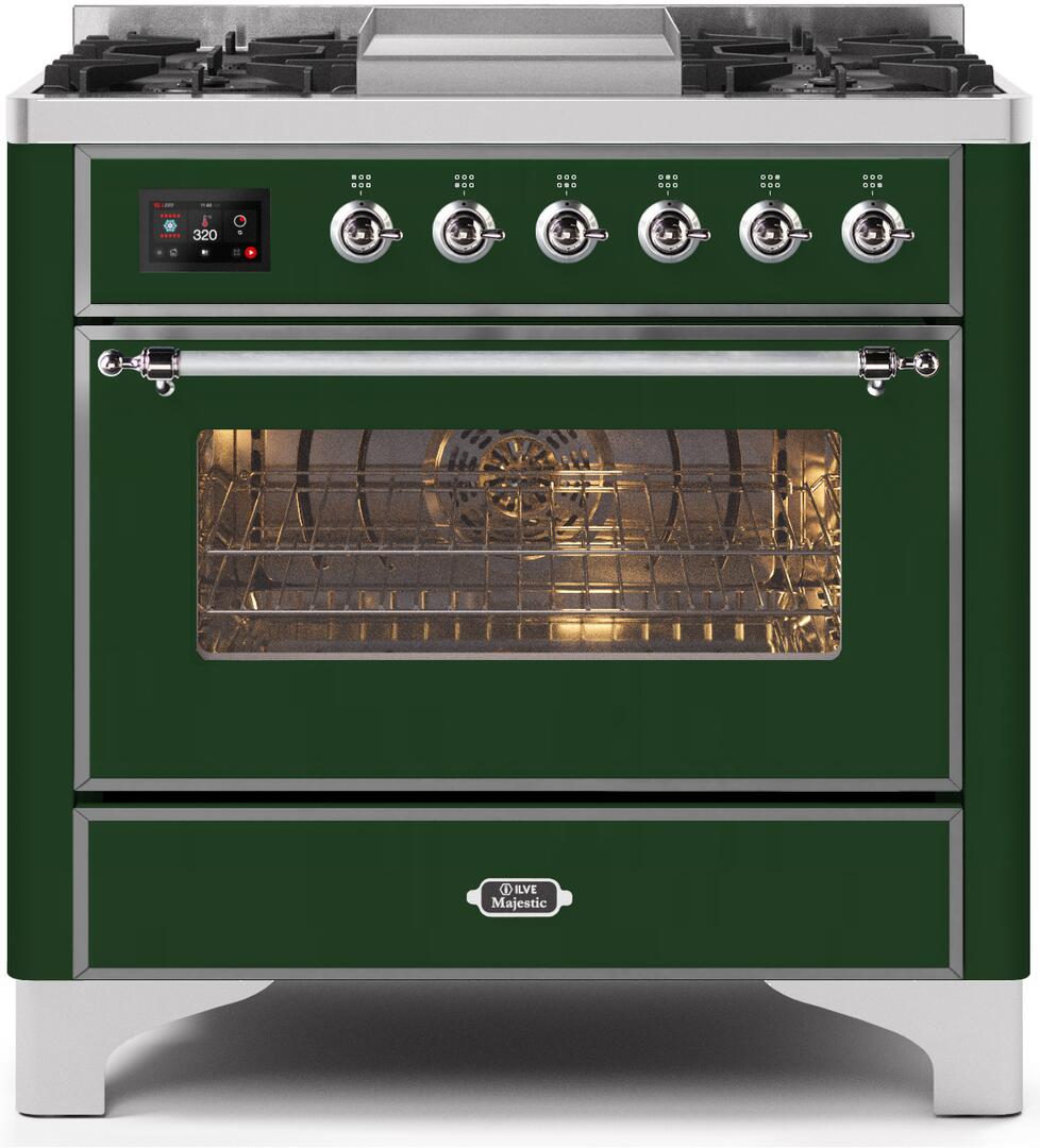 Ilve UM09FDNS3EGCLP Majestic Ii 36 Inch Dual Fuel Liquid Propane Freestanding Range In Emerald Green With Chrome Trim