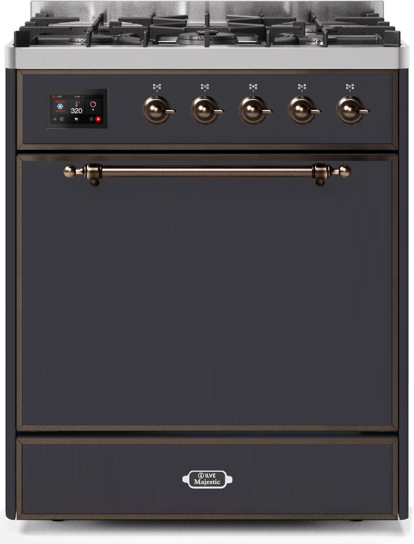 Ilve UM30DQNE3MGB Majestic Ii 30 Inch Dual Fuel Natural Gas Freestanding Range In Matte Graphite With Bronze Trim