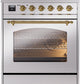 Ilve UPI304NMPSSG Nostalgie Ii 30 Inch Electric Freestanding Range In Stainless Steel With Brass Trim