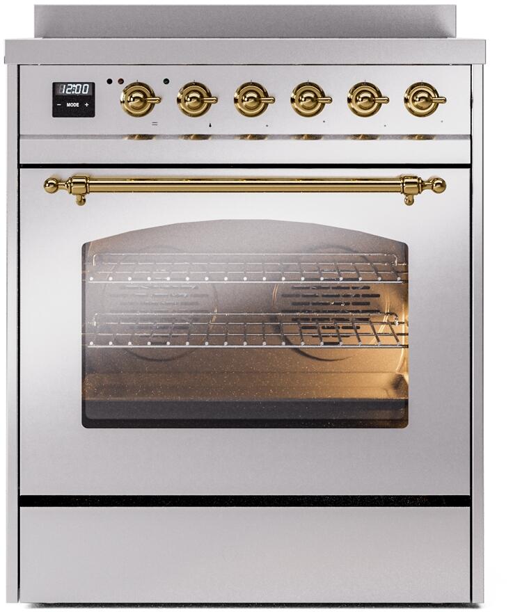 Ilve UPI304NMPSSG Nostalgie Ii 30 Inch Electric Freestanding Range In Stainless Steel With Brass Trim