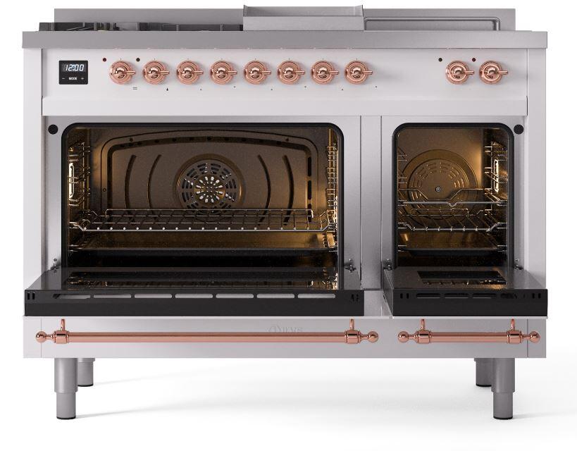 Ilve UP48FSNMPWHPLP Nostalgie Ii 48 Inch Dual Fuel Liquid Propane Freestanding Range In White With Copper Trim