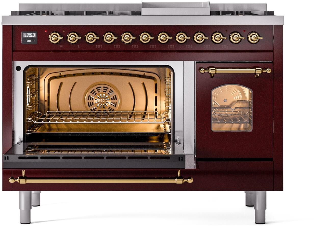 Ilve UP48FNMPBUG Nostalgie Ii 48 Inch Dual Fuel Natural Gas Freestanding Range In Burgundy With Brass Trim