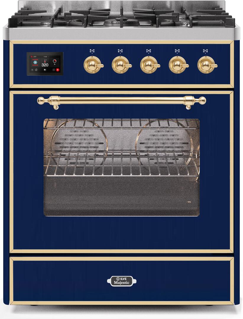 Ilve UM30DNE3MBG Majestic Ii 30 Inch Dual Fuel Natural Gas Freestanding Range In Blue With Brass Trim