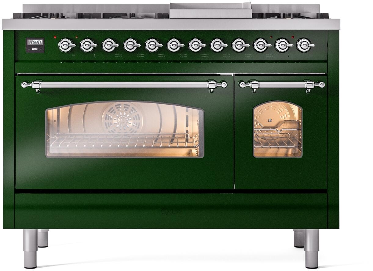 Ilve UP48FNMPEGCLP Nostalgie Ii 48 Inch Dual Fuel Liquid Propane Freestanding Range In Emerald Green With Chrome Trim