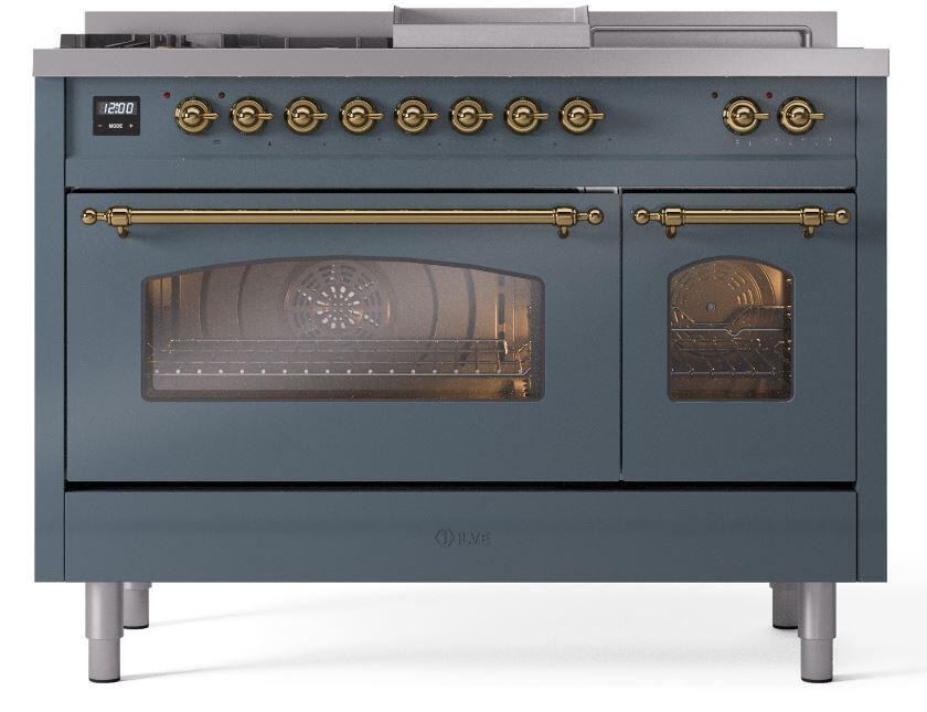 Ilve UP48FSNMPBGGLP Nostalgie Ii 48 Inch Dual Fuel Liquid Propane Freestanding Range In Blue Grey With Brass Trim