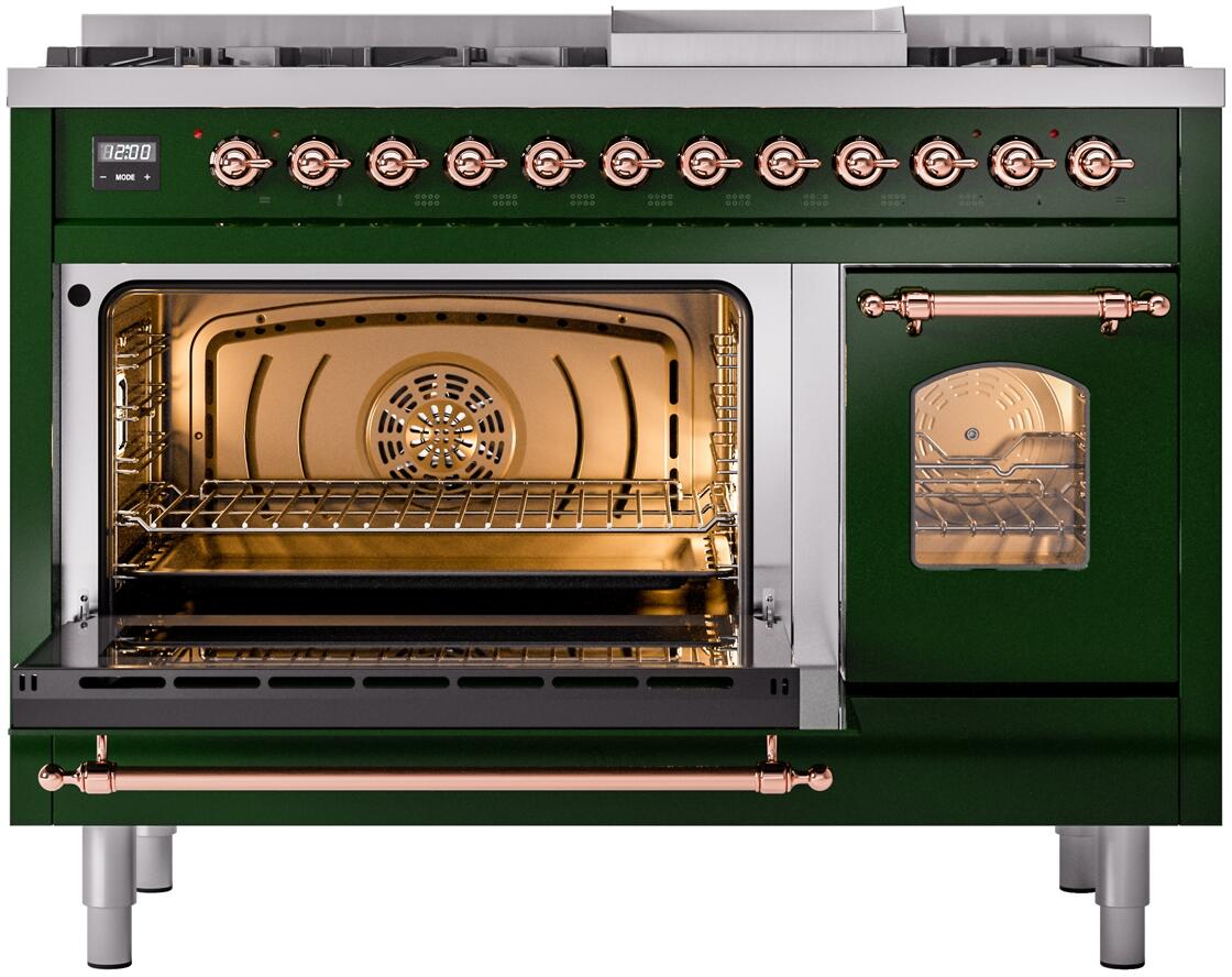 Ilve UP48FNMPEGP Nostalgie Ii 48 Inch Dual Fuel Natural Gas Freestanding Range In Emerald Green With Copper Trim