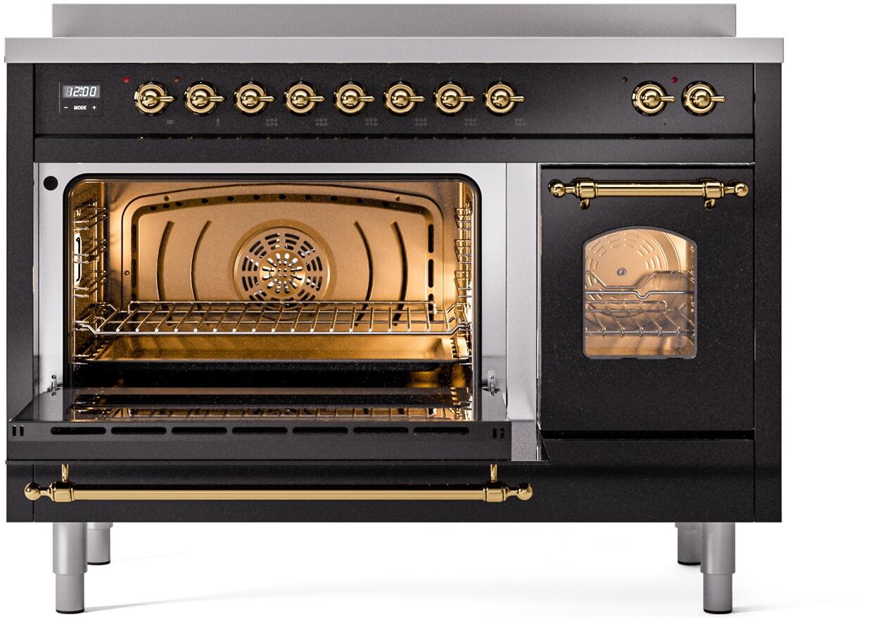 Ilve UPI486NMPBKG Nostalgie Ii 48 Inch Electric Freestanding Range In Glossy Black With Brass Trim