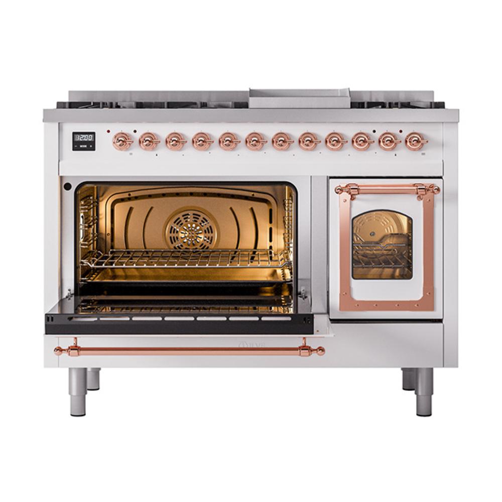 Ilve UN48FNMPWHPLP Ilve Un48Fnmpwhplp Nostalgie Ii Noblesse 48" Dual Fuel Range (8 Sealed Burners + Griddle, Liquid Propane, Triple Glass Door, White, Copper)