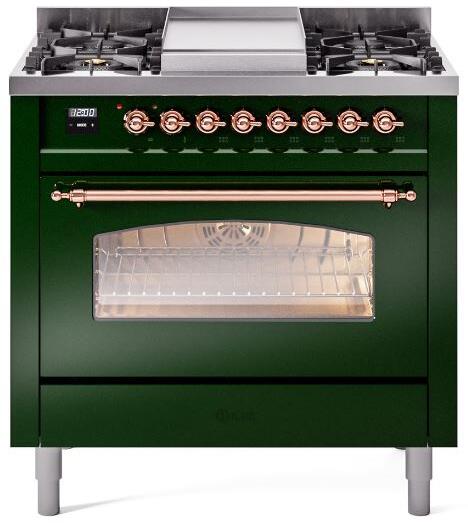 Ilve UP36FNMPEGPLP Nostalgie Ii 36 Inch Dual Fuel Liquid Propane Freestanding Range In Emerald Green With Copper Trim