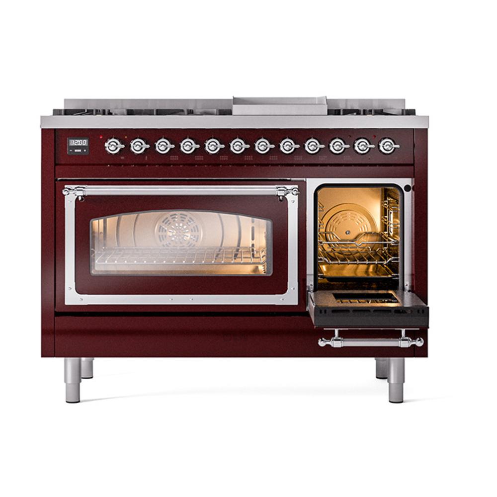 Ilve UN48FNMPBUCLP Ilve Un48Fnmpbuclp Nostalgie Ii Noblesse 48" Dual Fuel Range (8 Sealed Burners + Griddle, Liquid Propane, Triple Glass Door, Burgundy, Chrome)