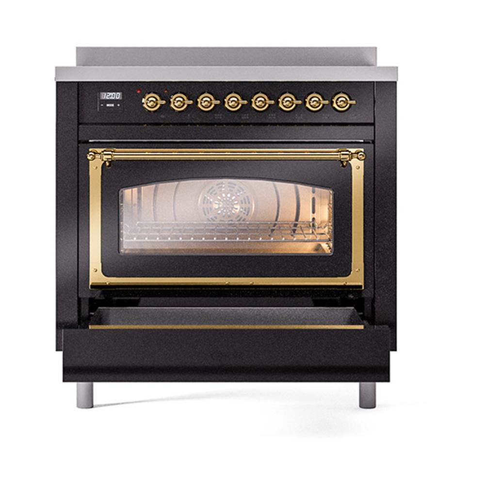 Ilve UNI366NMPBKG Ilve Uni366Nmpbkg Nostalgie Ii Noblesse 36" Induction Range (Triple Glass Door, Glossy Black, Brass)