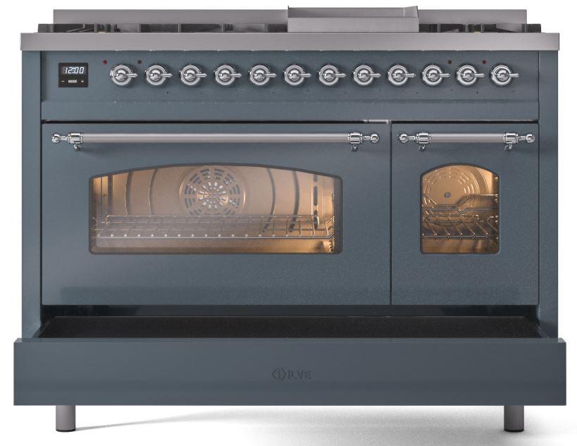 Ilve UP48FNMPBGC Nostalgie Ii 48 Inch Dual Fuel Natural Gas Freestanding Range In Blue Grey With Chrome Trim