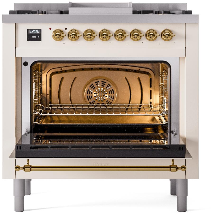 Ilve UP36FNMPAWG Nostalgie Ii 36 Inch Dual Fuel Natural Gas Freestanding Range In Antique White With Brass Trim