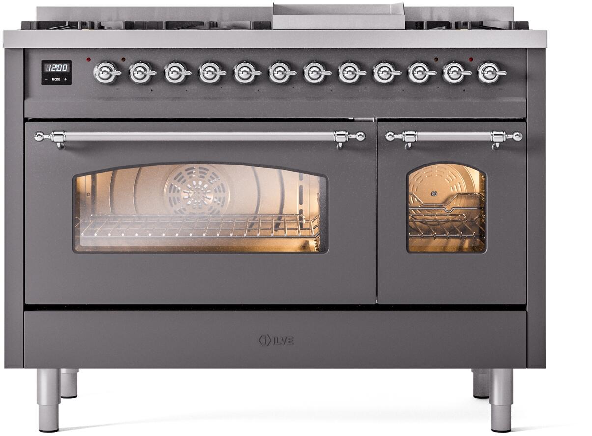 Ilve UP48FNMPMGCLP Nostalgie Ii 48 Inch Dual Fuel Liquid Propane Freestanding Range In Matte Graphite With Chrome Trim