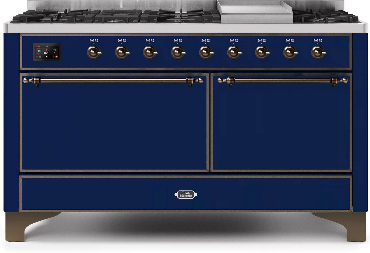 Ilve UM15FDQNS3MBBLP Majestic Ii 60 Inch Dual Fuel Liquid Propane Freestanding Range In Blue With Bronze Trim