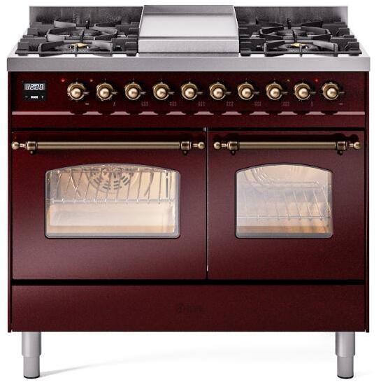 Ilve UPD40FNMPBUB Nostalgie Ii 40 Inch Dual Fuel Natural Gas Freestanding Range In Burgundy With Bronze Trim