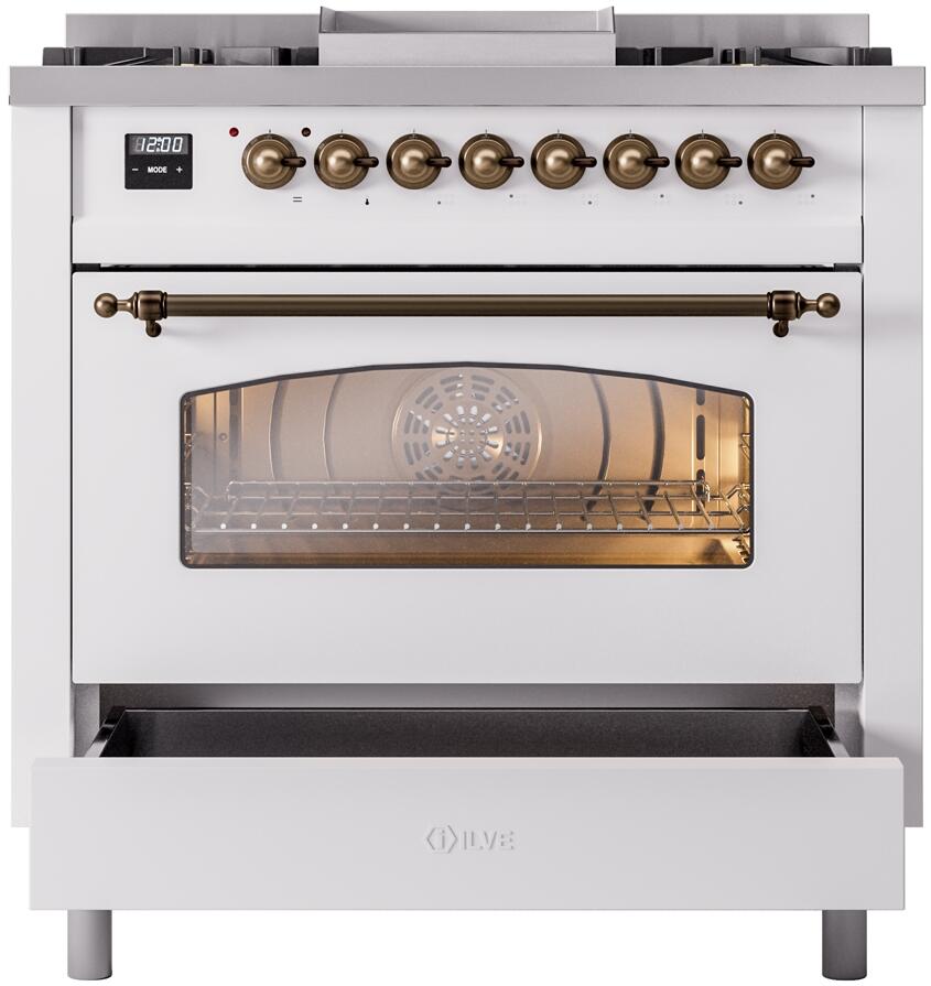 Ilve UP36FNMPWHB Nostalgie Ii 36 Inch Dual Fuel Natural Gas Freestanding Range In White With Bronze Trim