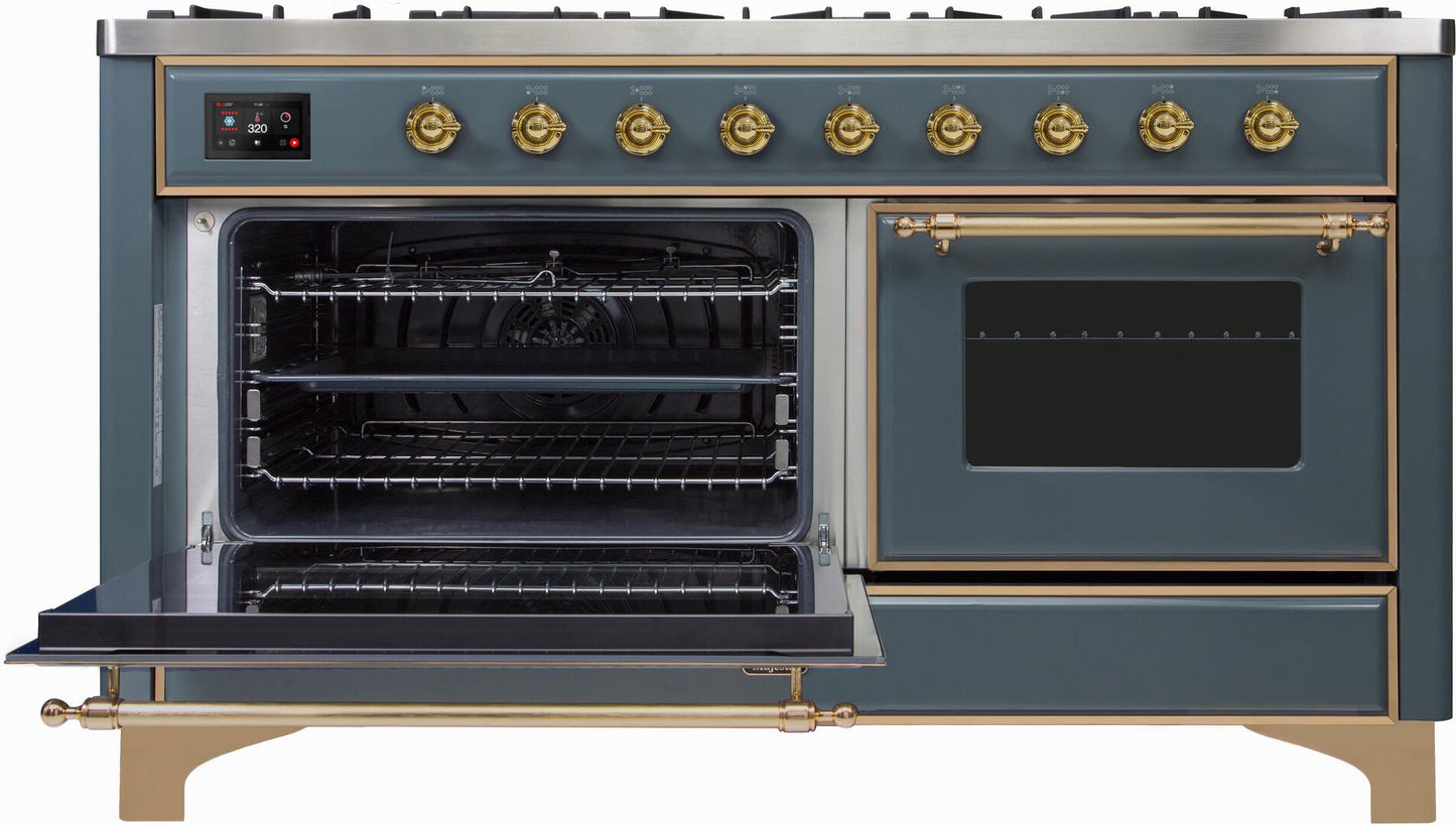 Ilve UM15FDNS3BGGLP Majestic Ii 60 Inch Dual Fuel Liquid Propane Freestanding Range In Blue Grey With Brass Trim