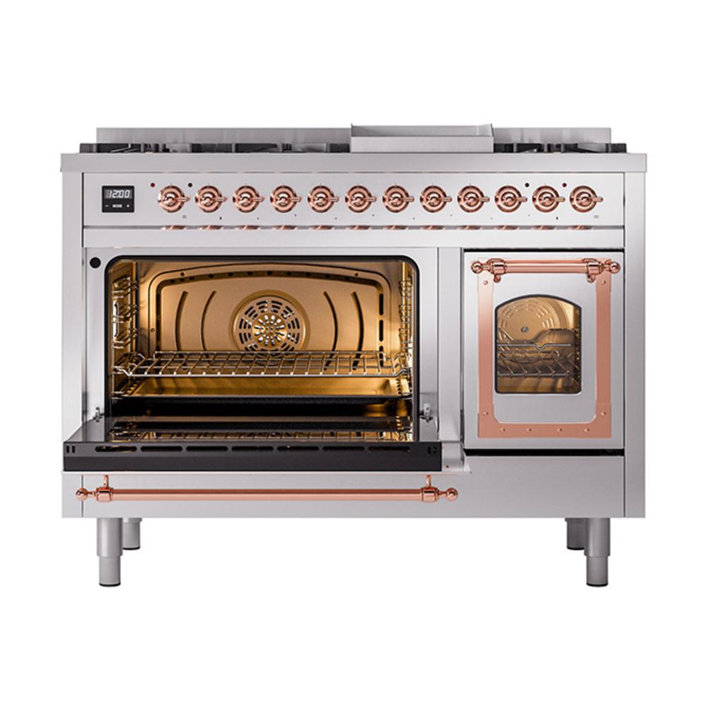 Ilve UN48FNMPSSPLP Ilve Un48Fnmpssplp Nostalgie Ii Noblesse 48" Dual Fuel Range (8 Sealed Burners + Griddle, Liquid Propane, Triple Glass Door, Stainless Steel, Copper)