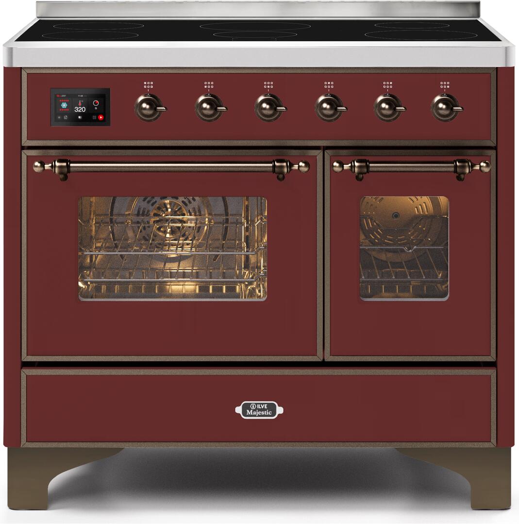 Ilve UMDI10NS3BUB Majestic Ii 40 Inch Electric Freestanding Range In Burgundy With Bronze Trim