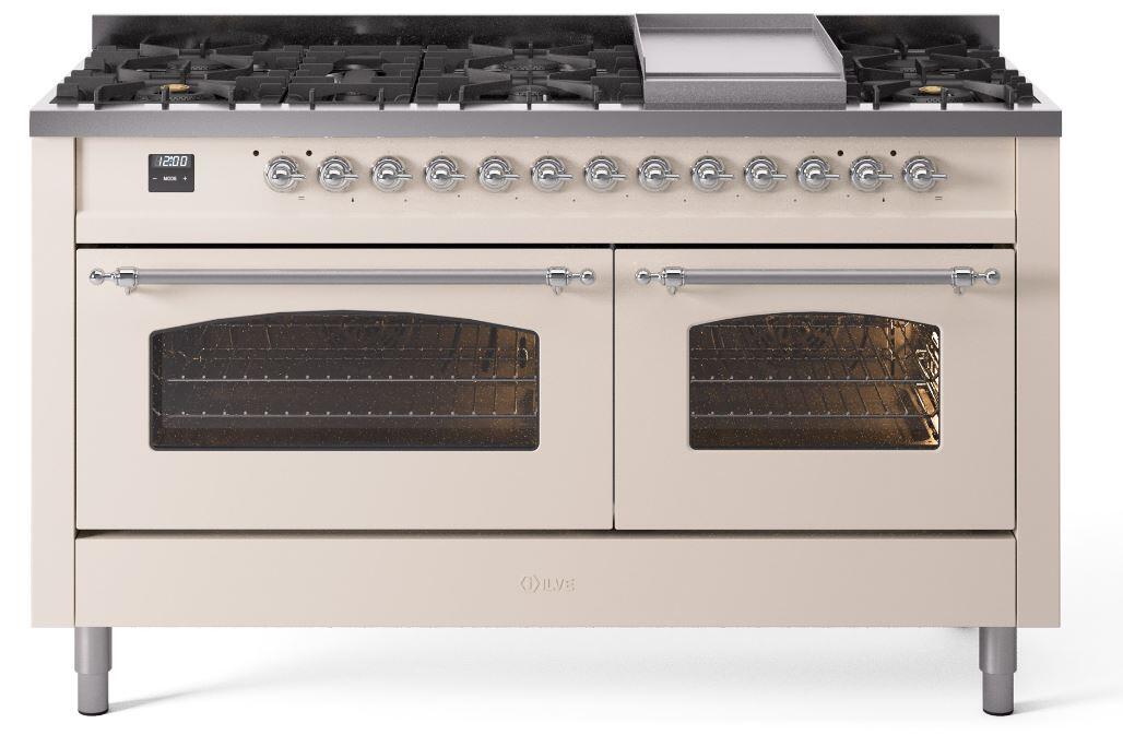 Ilve UP60FNMPAWC Nostalgie Ii 60 Inch Dual Fuel Natural Gas Freestanding Range In Antique White With Chrome Trim