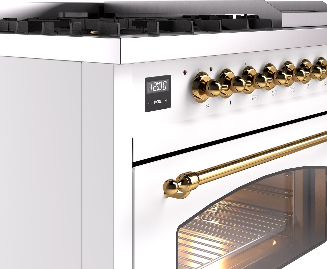 Ilve UP48FNMPWHGLP Nostalgie Ii 48 Inch Dual Fuel Liquid Propane Freestanding Range In White With Brass Trim