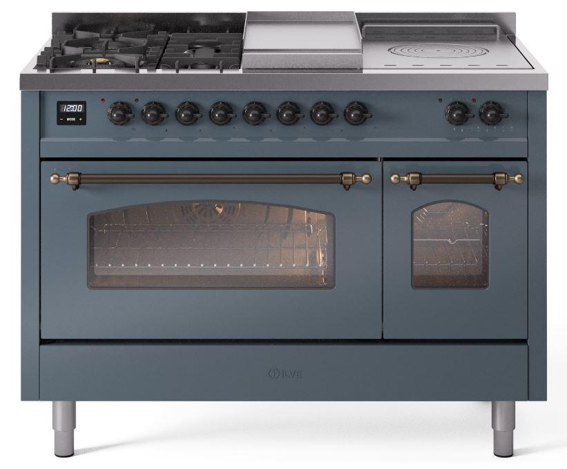 Ilve UP48FSNMPBGBLP Nostalgie Ii 48 Inch Dual Fuel Liquid Propane Freestanding Range In Blue Grey With Bronze Trim