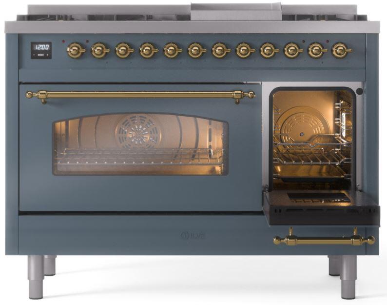 Ilve UP48FNMPBGG Nostalgie Ii 48 Inch Dual Fuel Natural Gas Freestanding Range In Blue Grey With Brass Trim