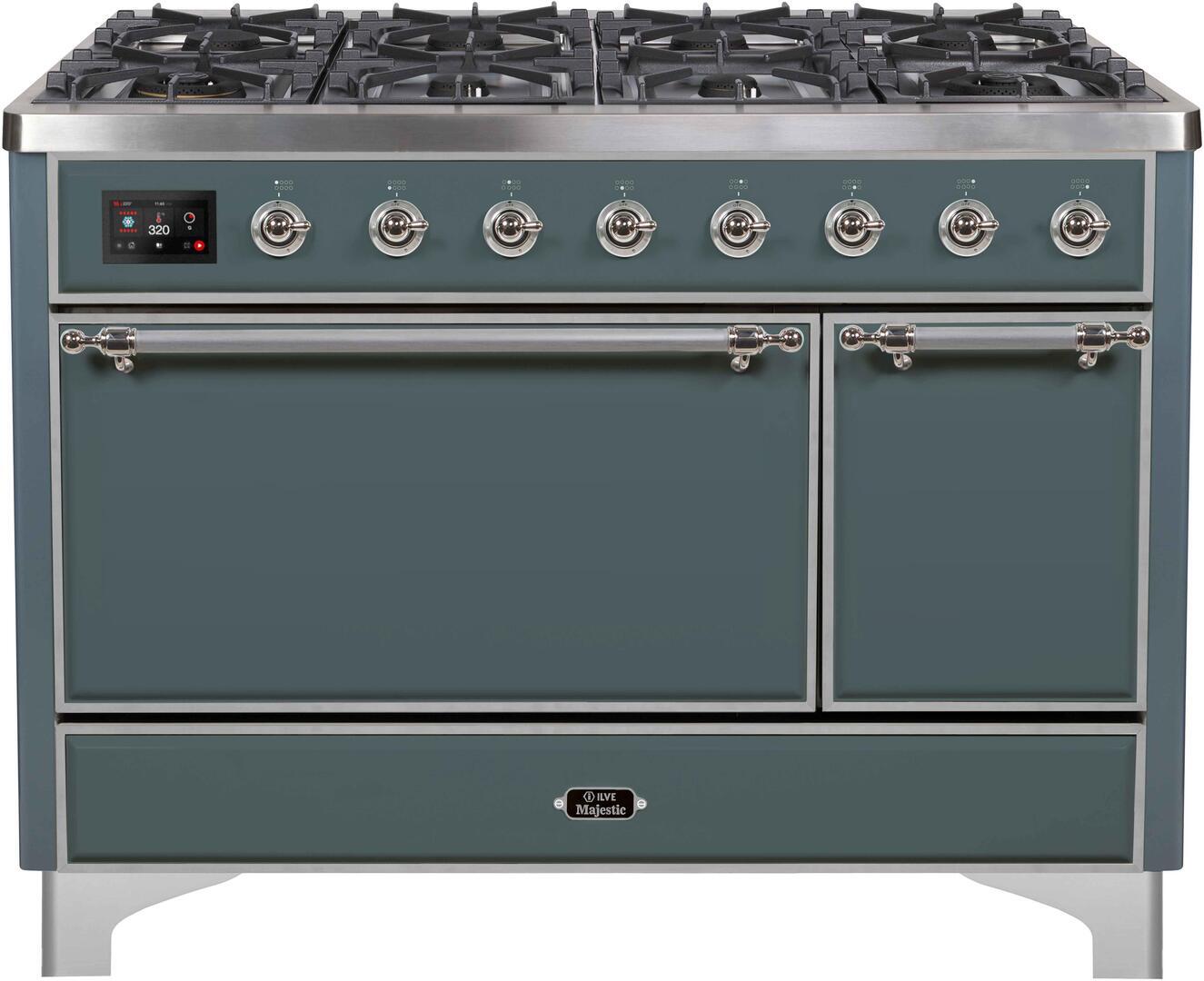 Ilve UM12FDQNS3BGCLP Majestic Ii 48 Inch Dual Fuel Liquid Propane Freestanding Range In Blue Grey With Chrome Trim